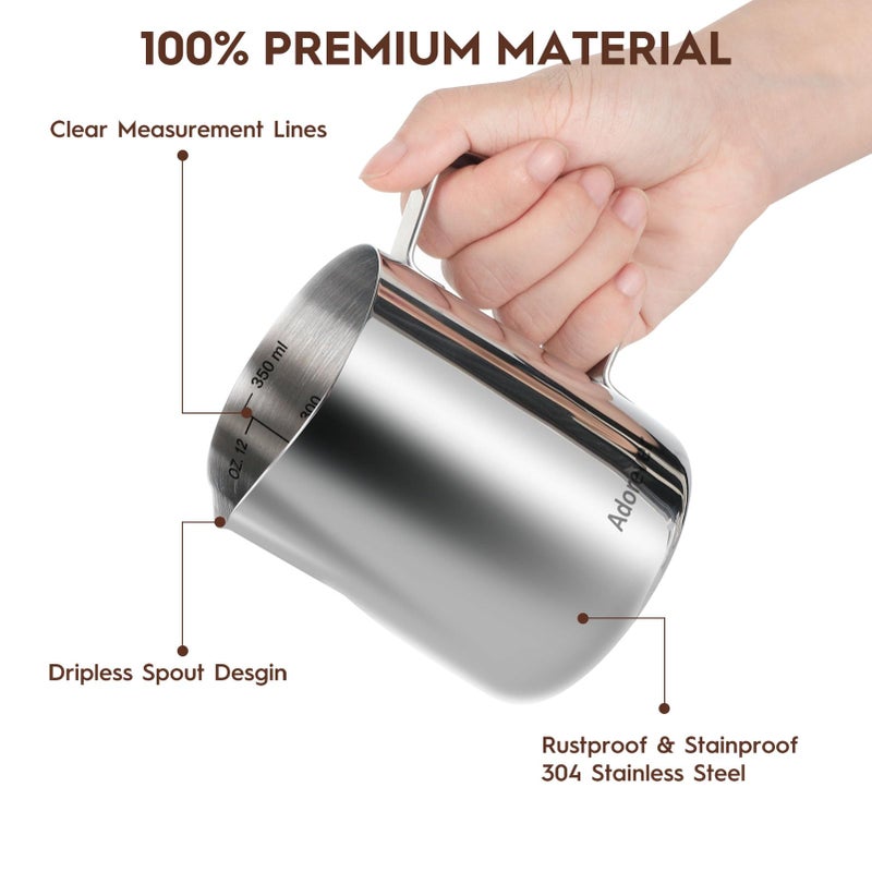 Adorever Milk Frothing Pitcher 350ml/600ml/900ml/1500ml (12oz/20oz/32oz/50oz) Steaming Pitchers Stainless Steel Milk/Coffee/Cappuccino/Latte Art Barista Steam Pitchers Milk Jug Cup with Art Pen,12oz - Image 3